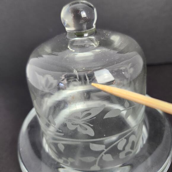 Vintage Miniature Glass Domed Butter Dish Etched Butterflies Vines Votive Candle - Picture 12 of 12